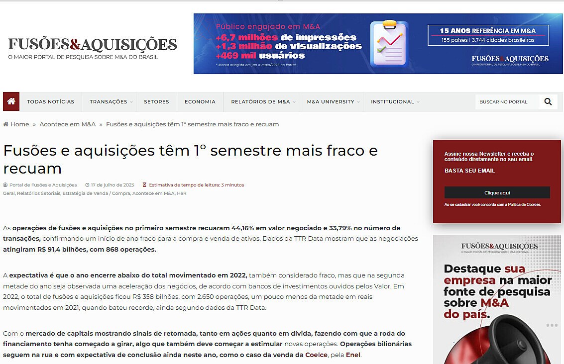 Fuses e aquisies tm 1 semestre mais fraco e recuam